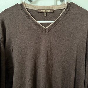 Roberto Cavalli Chocolate XL V-Neck Sweater for Men 100% Merino Wool